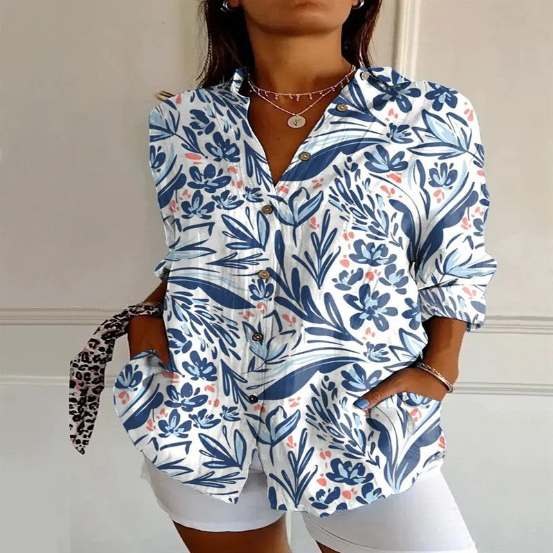2025 New Retro Floral Art Print Casual Linen Shirt Fashionable Pretty Shirt Fast Shipping