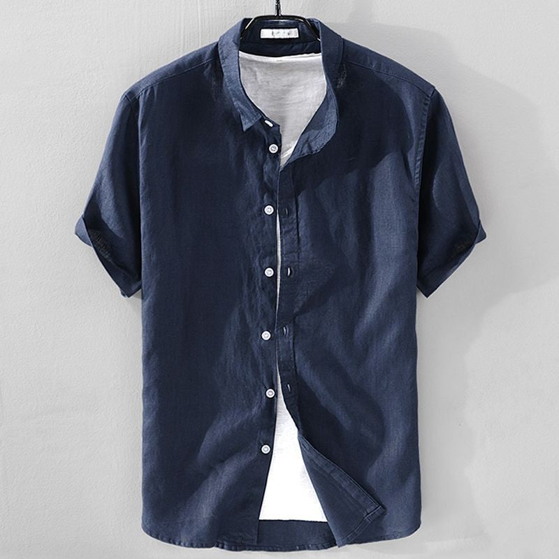 100% Linen Short Sleeve Shirt Men Cotton Linen Clothing Top Casual Summer Half Sleeve Shirt Loose Style Square Collar