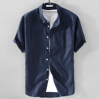100% Linen Short Sleeve Shirt Men Cotton Linen Clothing Top Casual Summer Half Sleeve Shirt Loose Style Square Collar