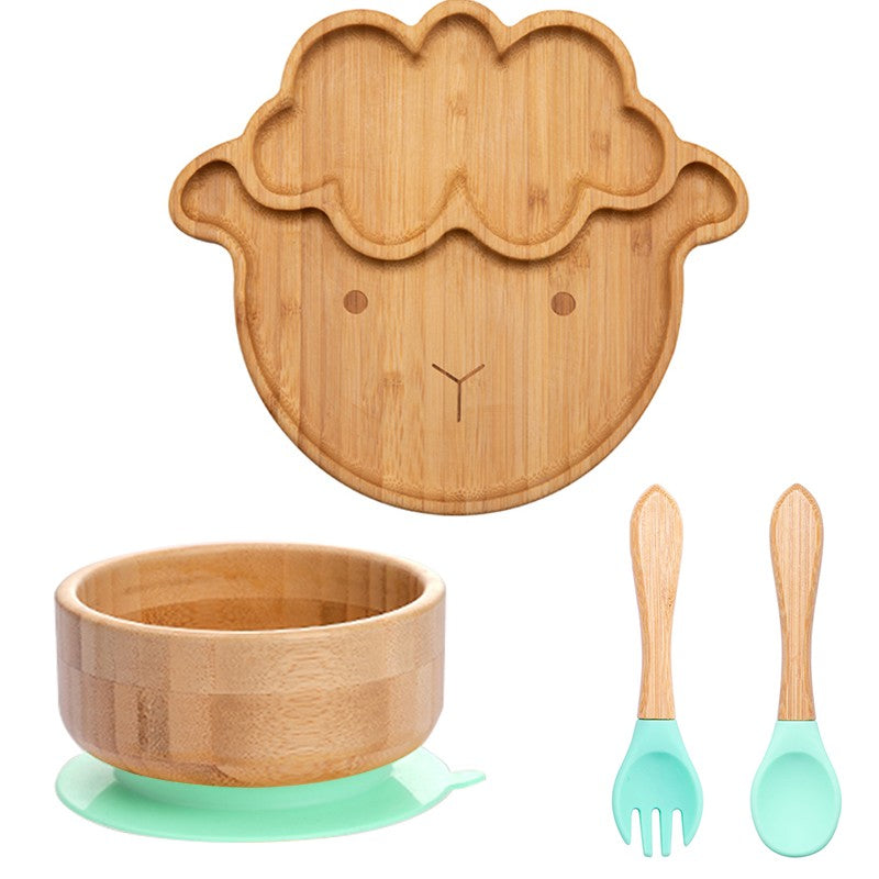 4pcs Bamboo Plate Sets Baby Feeding Bowl Wooden Kids Feeding Supplies Spoon Fork for Baby Tableware Suction Plate Bowl Cup
