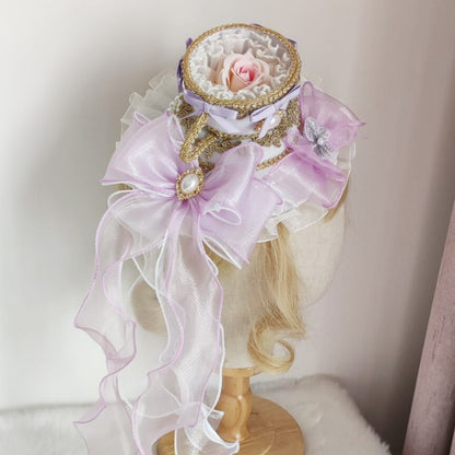 Lolita Girls Top Hat Rose With Long Ribbon ,Tea Cup Palace Spanish Fedoras