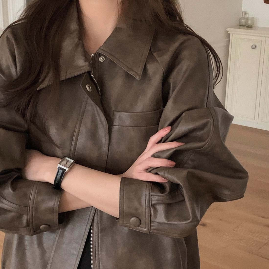 Sli Loose PU Leather Jaet Women's Chic Retro Collar Versatile BF Sle Motorcycle Clothes Trendy Long Sve Zipper