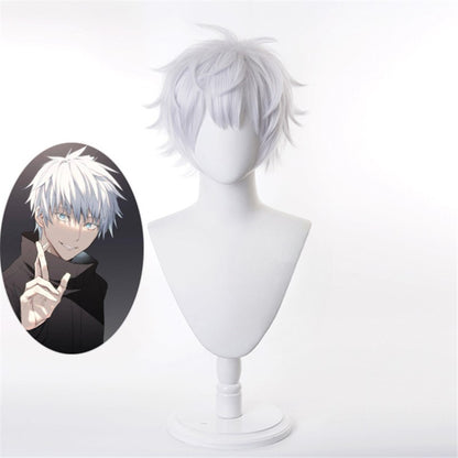 Anime Jujutsu Kaisen Gojo Satoru Lançamento Estado Peruca Cosplay Perucas Sintéticas Pó de Jogo Cabelo Curto Branco Prata Halloween