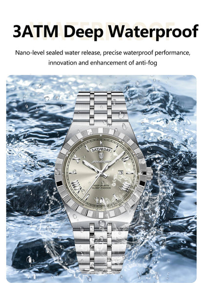 POEDAGAR Luxury Business Man Watch Week Date Waterproof Luminous Watches For Men Stainless Steel Quartz Fashion Men's Wristwatch