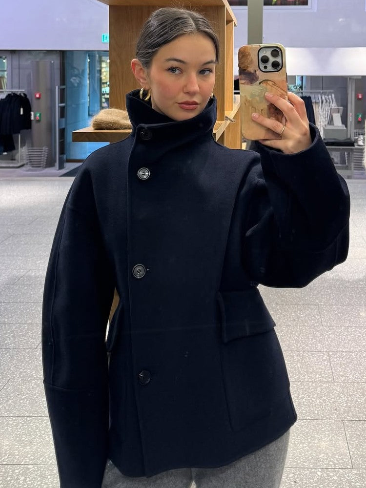 Elegant Stand Collar Woolen Jacket For Women Y2K Single Breasted Button Pockets Coat Lady 2025 Autumn Winter Street Chic Outwear