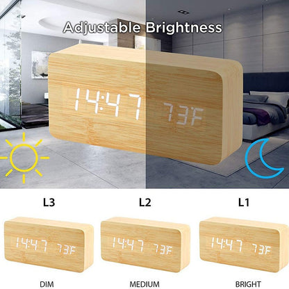 Wooden Digital Alarm Clock, LED Alarm Clock with Temperature Desk Clocks for Office,Bedside Clock