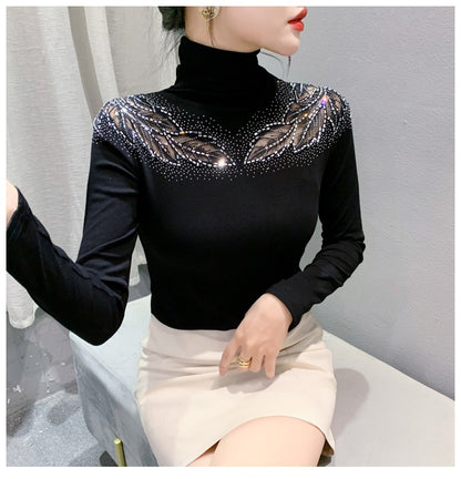 2025 European Station Long Sleeve Women Tees Autumn Winter New Stand collar Hot Diamond T Shirt Fashion Slim Mesh Tops