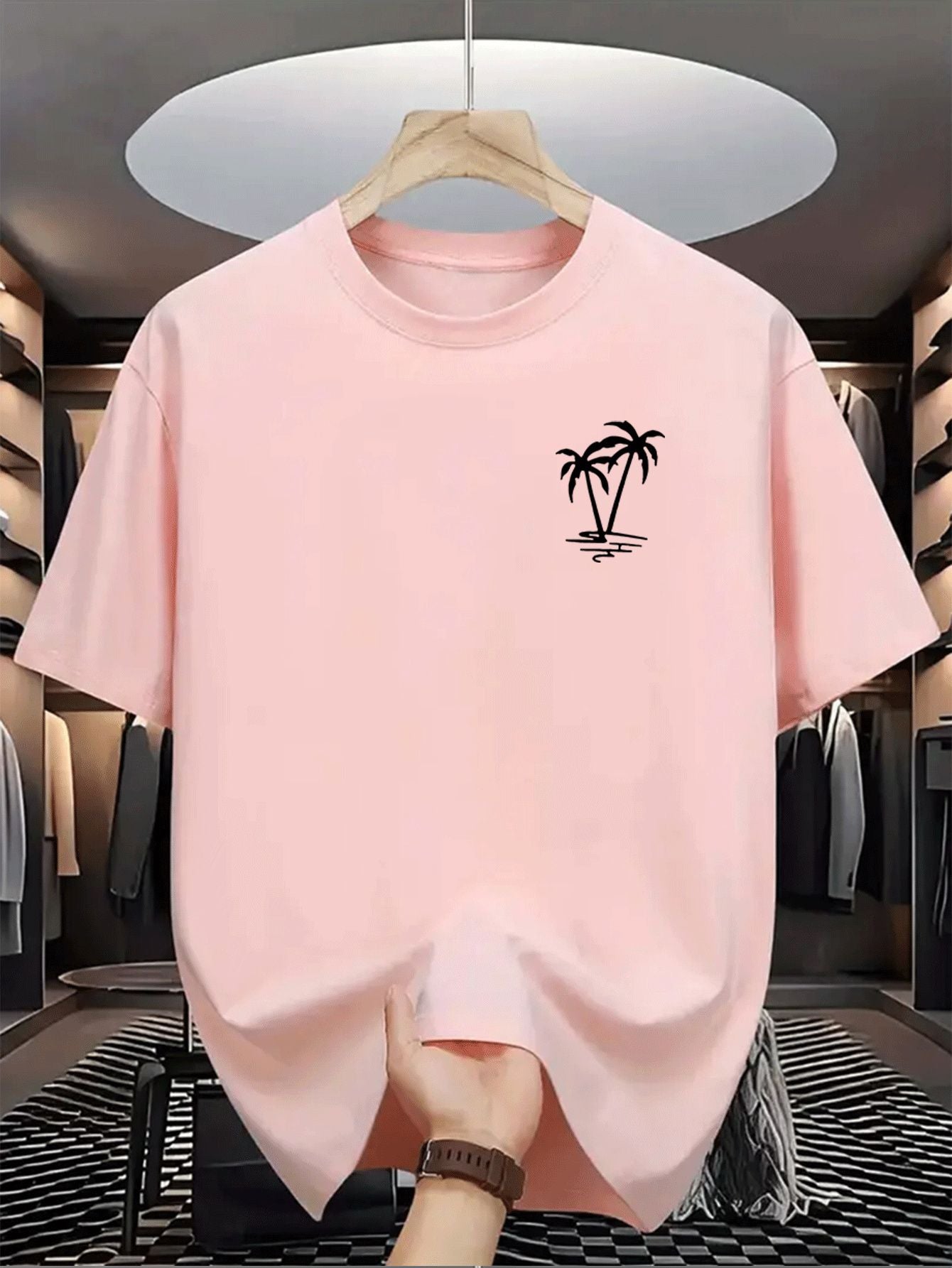 Men's summer 100% cotton fashionable casual loose coconut tree pattern printed sports round neck short sleeved T-shirt top