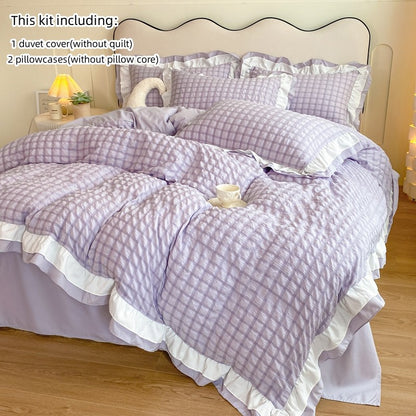 Conjunto de cama de renda coreana 3 peças de seersucker (1*Capa de Edredom + 2*Fronhas, Sem Enchimento) para quarto de hóspedes
