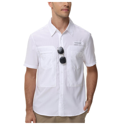 Summer Men's UPF 50+ Fishing Shirts, Casual Breathable Short Sleeve Cargo Fishing Shirt, Button Down Tactical Shirts Blouse
