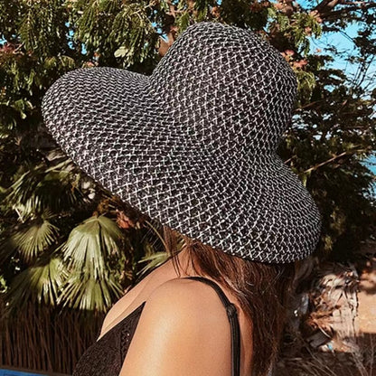 Chapéu de sol de palha de aba larga, chapéu de sol de malha de abajur de seda brilhante de verão, chapéu coco estilo Hepburn francês, chapéu de sol para praia ao ar livre