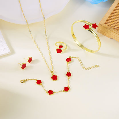 Conjunto 5 peças Pulseiras Femininas Coloridas de Esmalte com Flor de Ameixa Colar Brincos Flor de Cinco Folhas da Sorte Joias Elegantes para Festas Presentes