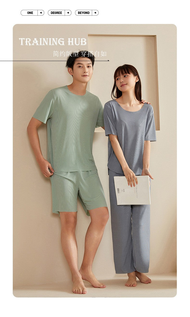 Super Thin Pajamas Suit Women Men Summer Ice Silk Cool Short-sleeved O-Neck Sleepwear Male Female Classic Simple Loungewear Suit