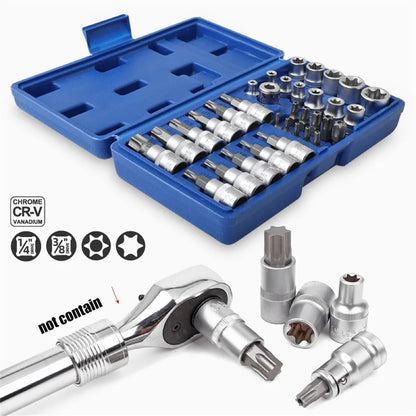 Conjunto de Soquetes Torx e E-Torx de 34 Peças, Encaixe de 1/4", 3/8", 1/2", Pontas Macho e Fêmea de Segurança E-torx, Ferramenta Manual