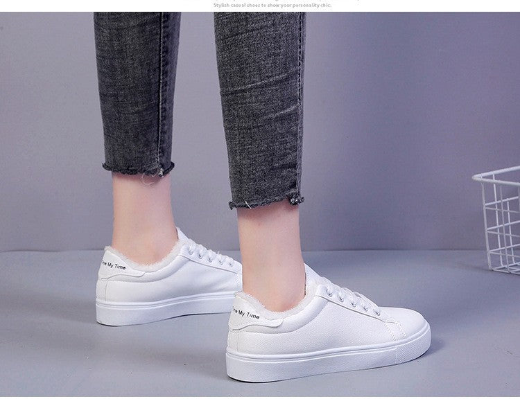 Tênis Feminino de Inverno, Quente, Pelúcia, Sola Vulcanizada, Plataforma, Algodão, Cadarço, Branco, Com Pelúcia, Casual