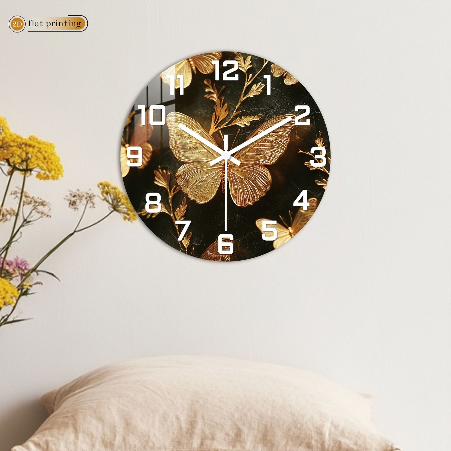 Golden Butterfly Elegance Wall Clock, Luxe Marble Background Decor, Glamorous Home or Office Timekeeper