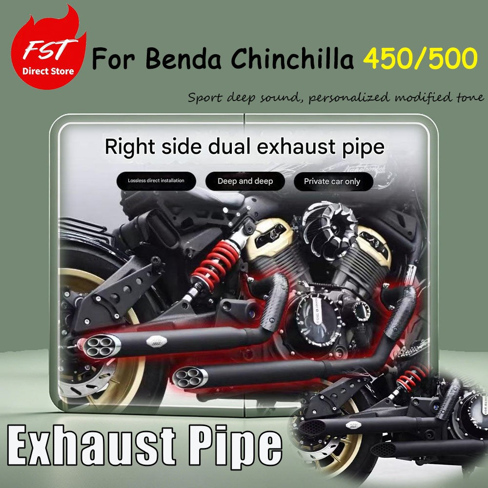 For Benda Chinchilla 450/500, the modified accessory features a rattlesnake exhaust pipe with dual outlets on the right side.