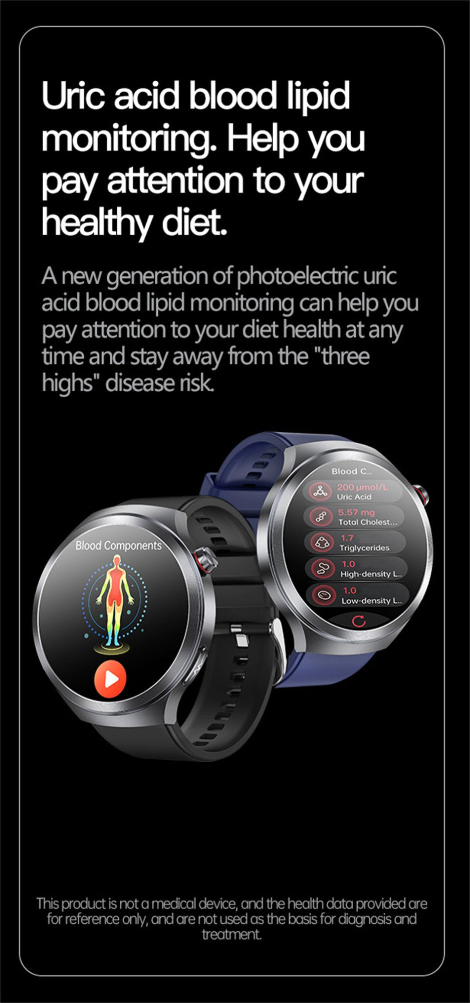 Relógio Inteligente Smartwatch Masculino 2026 Health Tracker com Safira e Medição de Ácido Úrico, Gordura Sanguínea, Pressão Arterial e ECG+PPG com Análise Corporal
