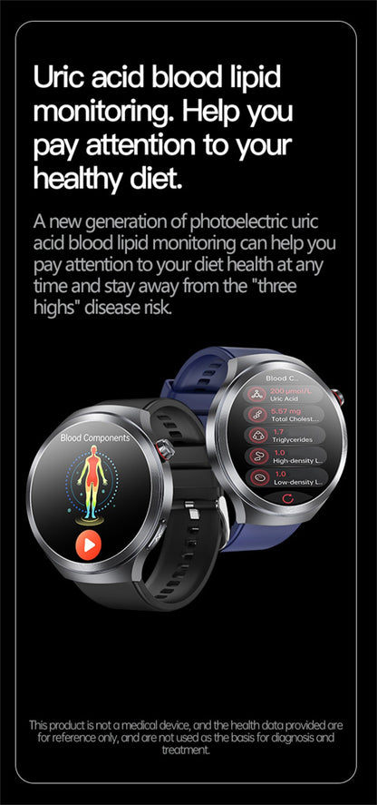 Relógio Inteligente Smartwatch Masculino 2026 Health Tracker com Safira e Medição de Ácido Úrico, Gordura Sanguínea, Pressão Arterial e ECG+PPG com Análise Corporal