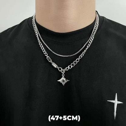 Colar de Hip Hop Zircon Star Camada Dupla Masculino Feminino Tendência Charme Aço Titânio Pingente Corrente Unissex Joias Atacado