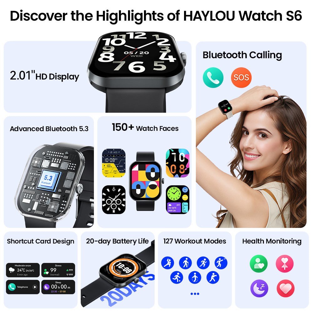 Smartwatch HAYLOU Watch S6 Tela HD de 2,01" Smartwatch Chamadas de Voz Bluetooth Monitoramento Fitness à Prova D'Água IP68