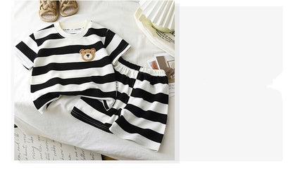 Conjunto Infantil 2PÇS Novo Verão Manga Curta +Shorts Listrado Menino Menina Criança Camiseta Roupa de Bebê Roupa Infantil