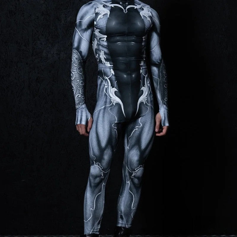 Zawaland Men Mechanical Muscle Punk Zentai Suit Carnival Cosplay Bodysuit Halloween Party Macho Costume Show Festival Jumpsuit