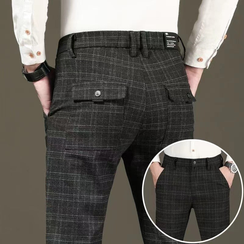Calças de inverno forradas com lã, casuais masculinas, retas, compridas, listradas xadrez, de alta qualidade, de marca, para negócios