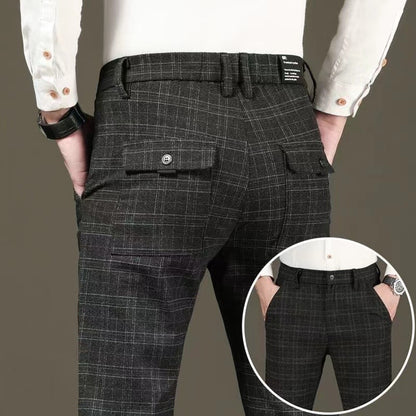 Calças de inverno forradas com lã, casuais masculinas, retas, compridas, listradas xadrez, de alta qualidade, de marca, para negócios