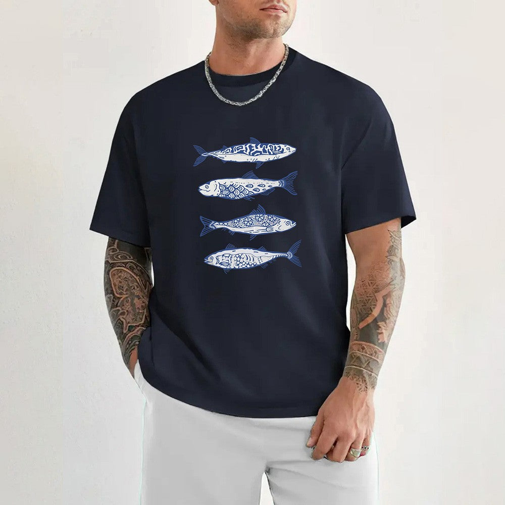 2025 Fish pattern print high quality 100% cotton t-shirt with round neck, summer trend short sleeves, street hip hop top.