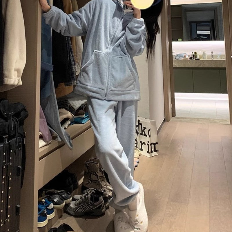 2025 Autumn Winter Homewear Pajamas Set for Women Long Shirt Trousers 2 Pieces Keep Warm Sleepwear Loungewear