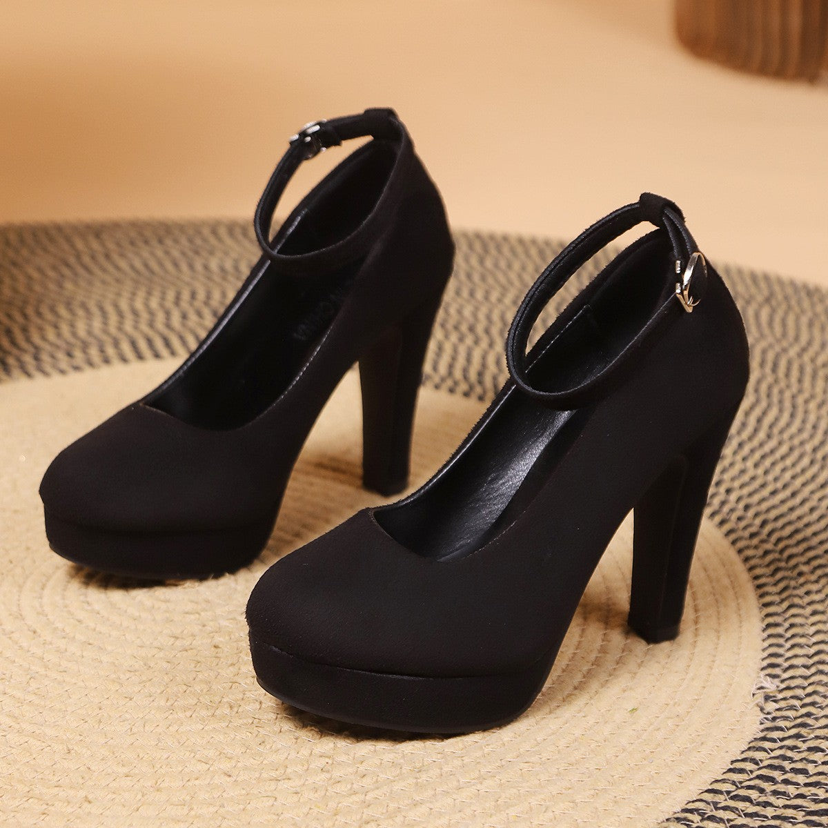 Large Size 42 Sexy Super High Heels Shoes for Women Ankle Buckle Chunky Platform Pumps Woman Black Flock Square Heel Party Shoes