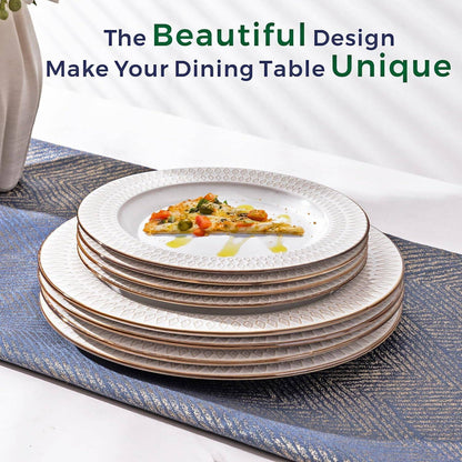 Ceramic Dinnerware Sets,12 pcs Embossed Elegant Stoneware Plates and Bowls Sets, Housewarming Wedding Gift | Dishwasher & Microw