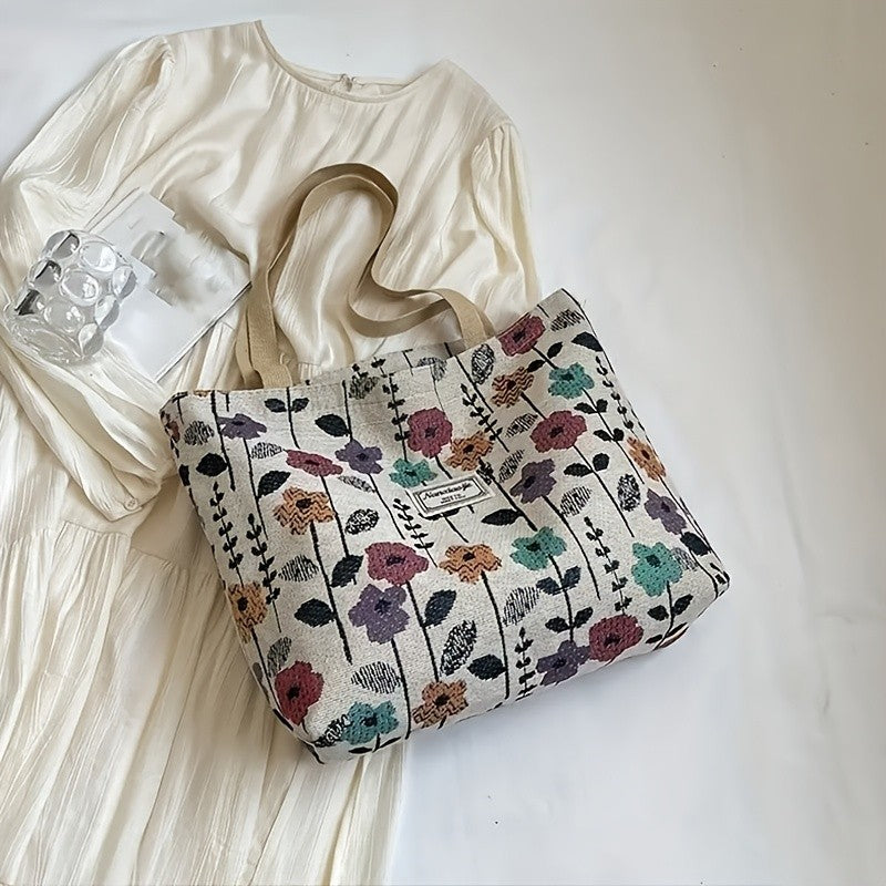 Stylish Corduroy Tote Bag for Women Bohemian Ethnic Style Shoulder Bag for Daily Commuting Shopper Office Worker College Student