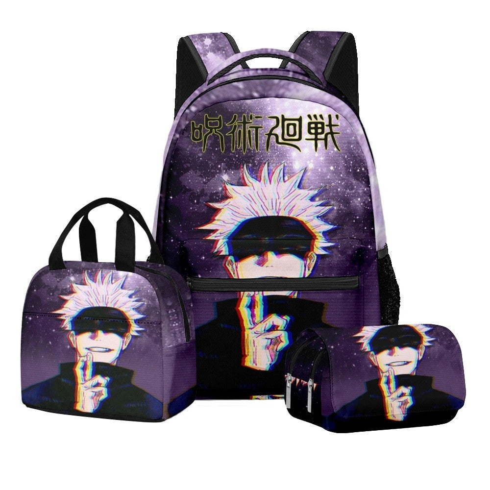 Anime Estampa Digital Jujutsu Kaisen Conjunto Escolar Mochila Grande Capacidade Lancheira Estojo de Lápis 2 Camadas 3 Peças Presente para Menino