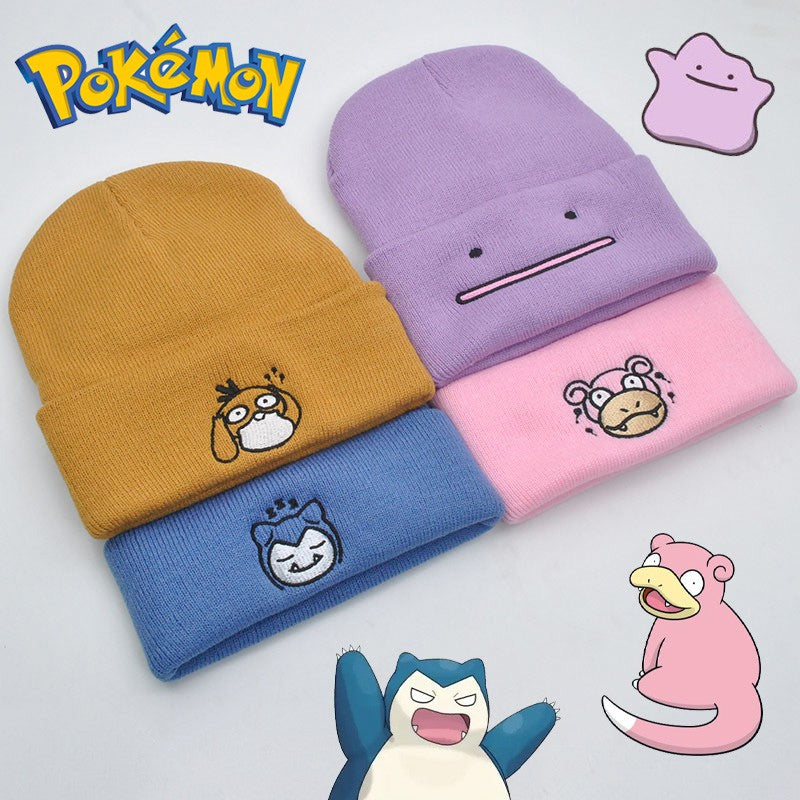 Pokemon Snorlax Ditto Psyduck Gorros Femininos de Inverno Quentes Chapéu Anime Cor Sólida Boné Engraçado Bordado para Homens Touca de Malha Unissex
