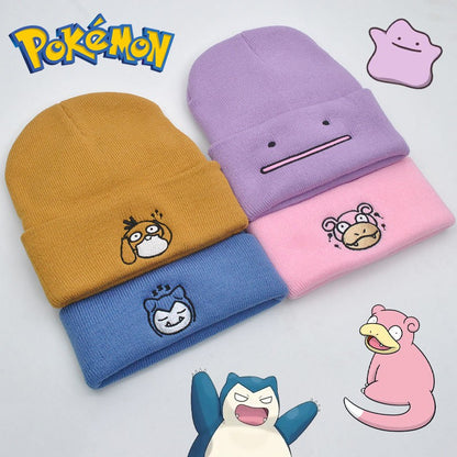 Pokemon Snorlax Ditto Psyduck Gorros Femininos de Inverno Quentes Chapéu Anime Cor Sólida Boné Engraçado Bordado para Homens Touca de Malha Unissex