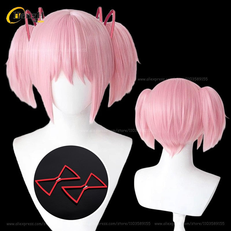 In Stock Synthetic Anime Kaname Madoka Cosplay Wig Short 30cm Pink Double Ponytail Wig Heat Resistant Hair Halloween Party Wigs