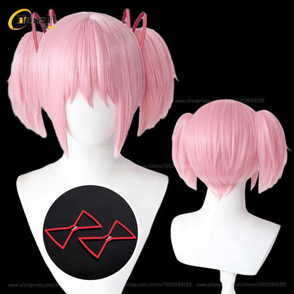 In Stock Synthetic Anime Kaname Madoka Cosplay Wig Short 30cm Pink Double Ponytail Wig Heat Resistant Hair Halloween Party Wigs
