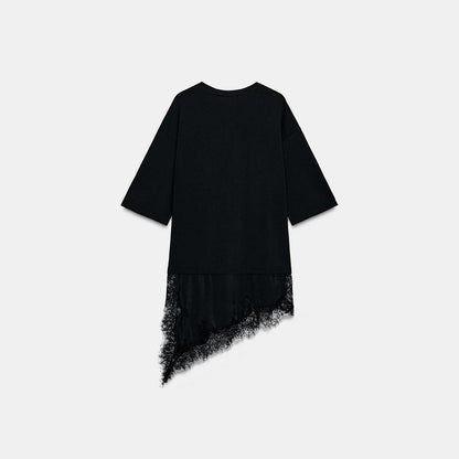 Fashion Lace Patchwork Mid Sleeve Tops for Women Elegant O Neck Loose Female T-shirt Spring New Lady Solid Shirts High Street