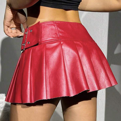 Sexy Hot Girls Silver Leather Mini Pleated Skirt Club Party Street Style Buckle Belt Mini Short Skirt 2025 Summer Latest