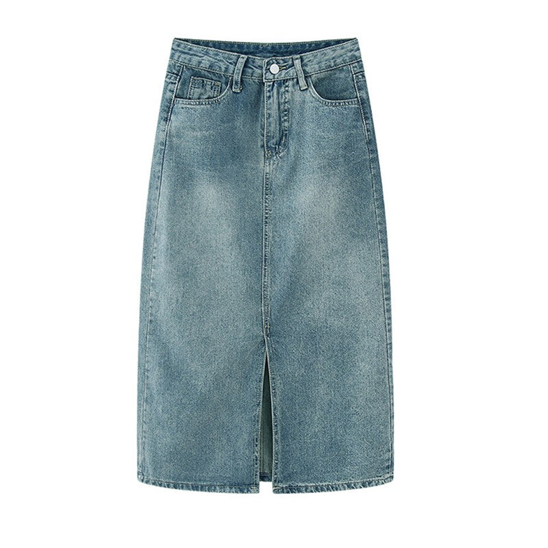 Summer New High-waist Slit Denim Skirt For Women Washed Retro A- line Skirt Hip-