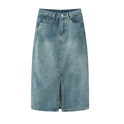 Summer New High-waist Slit Denim Skirt For Women Washed Retro A- line Skirt Hip-