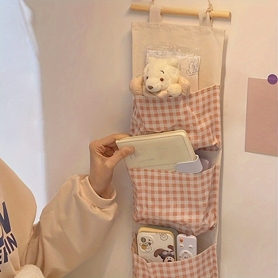 Multi-pocket Hanging Pink Checkered Storage Bag Fabric Hanging Bag Cute Pink Space Saving Style Bedroom Organizers and Storage