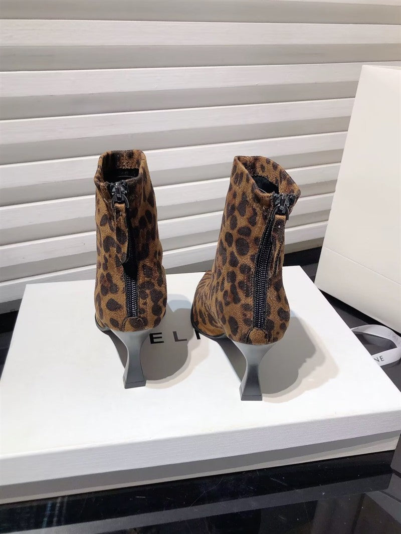 Autumn Women's High Heel Leopard Print Ankle Boots New Winter Pointed Head Thin Heel Chelsea Boots for Shoes Dress D503