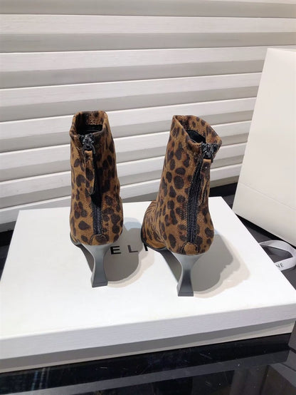 Autumn Women's High Heel Leopard Print Ankle Boots New Winter Pointed Head Thin Heel Chelsea Boots for Shoes Dress D503