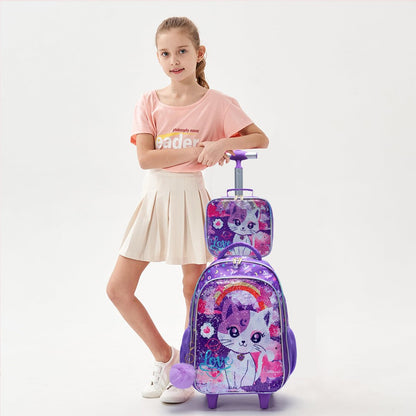 Conjunto de 3 peças Mochila de Rodinhas para Meninas, Linda Mochila Escolar com Rodas de Gatinho de Desenho Animado com Lantejoulas para Alunas do Ensino Fundamental, com Lancheira e Estojo