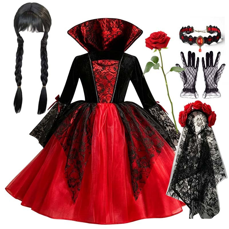 Kids Girls Cosplay Gothic Dark Ghost Bride Witch Vampire Halloween Costume Red Black Tutu Dress Wig Veil Kits Trick or Treat