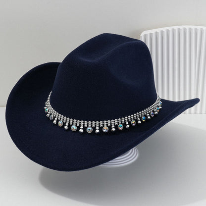 Boné Feminino Ocidental Brilhante com Pedrarias Chapéu Panamá Jazz Festa Temática Boné Vintage com Aba Larga Chapéu de Cowgirl para Festa Viagem