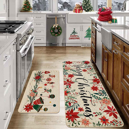 VIKAMA 2-Piece Christmas Festival Rug Set Kitchen Mat Combo, Entrance Hall Doormat Stain-Resistant and Easy-Care Home Decor